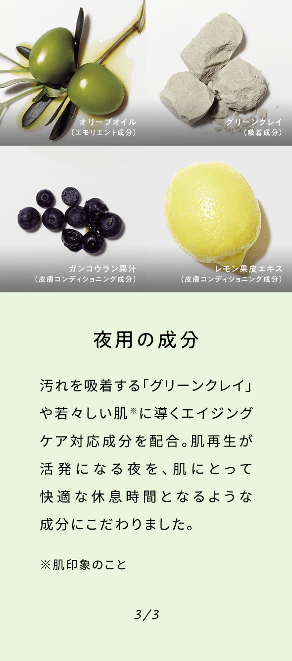 夜用の成分 汚れを吸着する「グリーンクレイ」や若々しい肌※に導くエイジングケア対応成分を配合。肌再生が活発になる夜を、肌にとって快適な休息時間となるような成分にこだわりました。※肌印象のこと