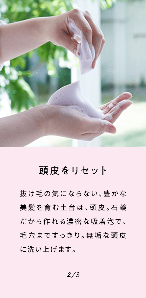 頭皮をリセット 抜け毛の気にならない、豊かな美髪を育む土台は、頭皮。石鹸だから作れる濃密な吸着泡で、毛穴まですっきり。無垢な頭皮に洗い上げます。